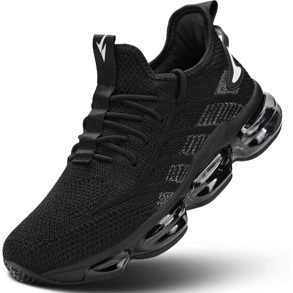 Men's Black White Running Shoes Air Cushion Slip on Walking Tennis Sneakers